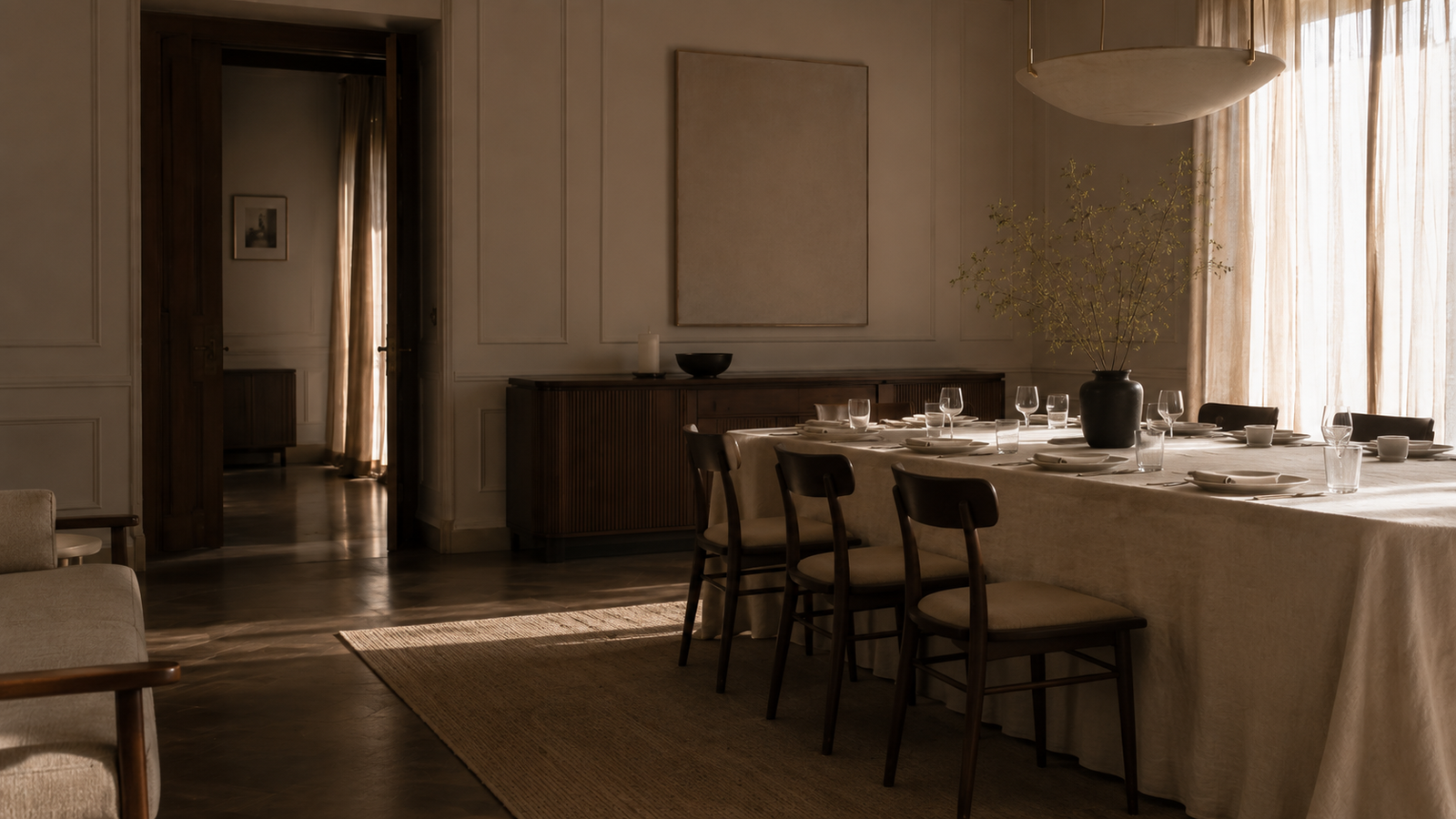 A quiet, light-filled private dining room prepared for guests.