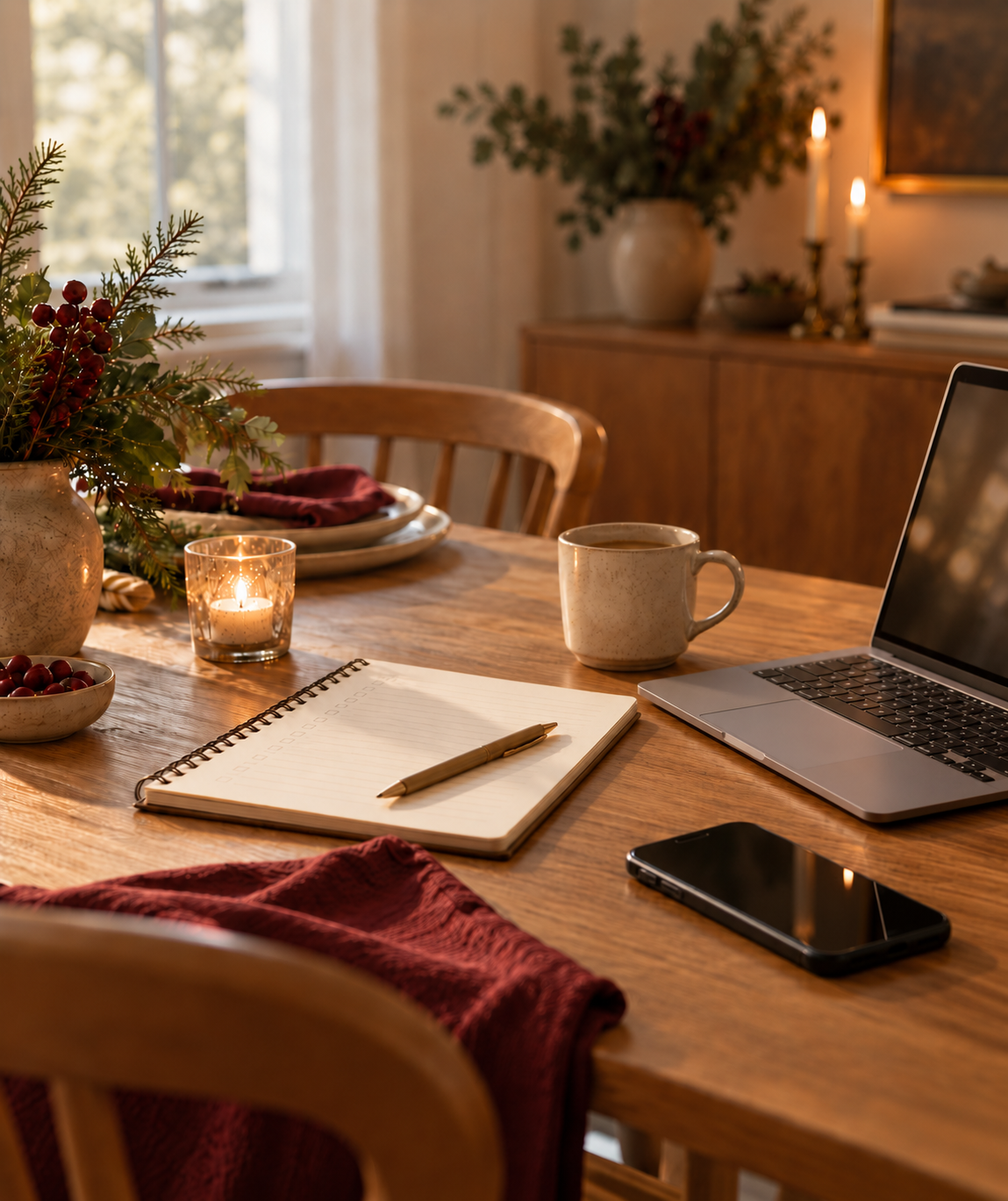 Notebook, laptop, and holiday table details arranged for planning